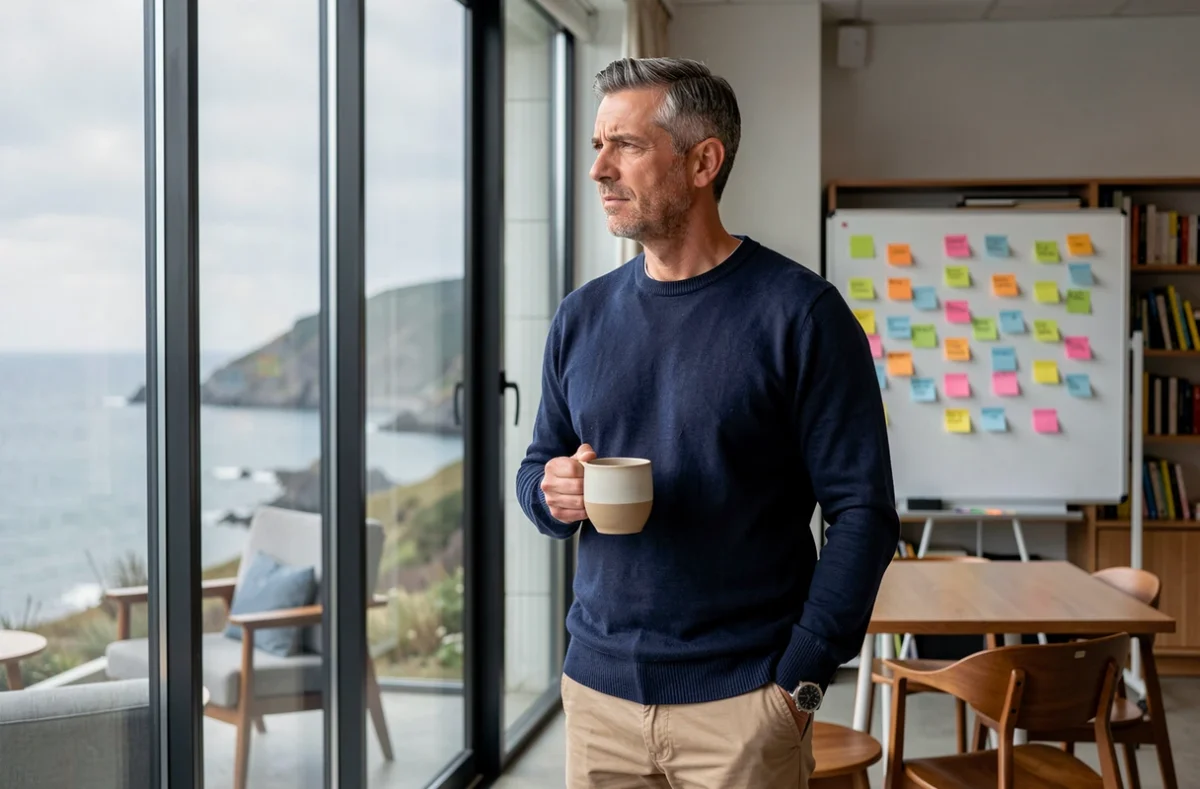 Homme en pull marine dans un espace coworking avec vue sur l'océan Atlantique à Biarritz