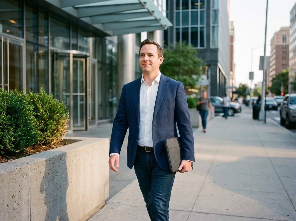 Homme marchant devant un bâtiment de bureau moderne