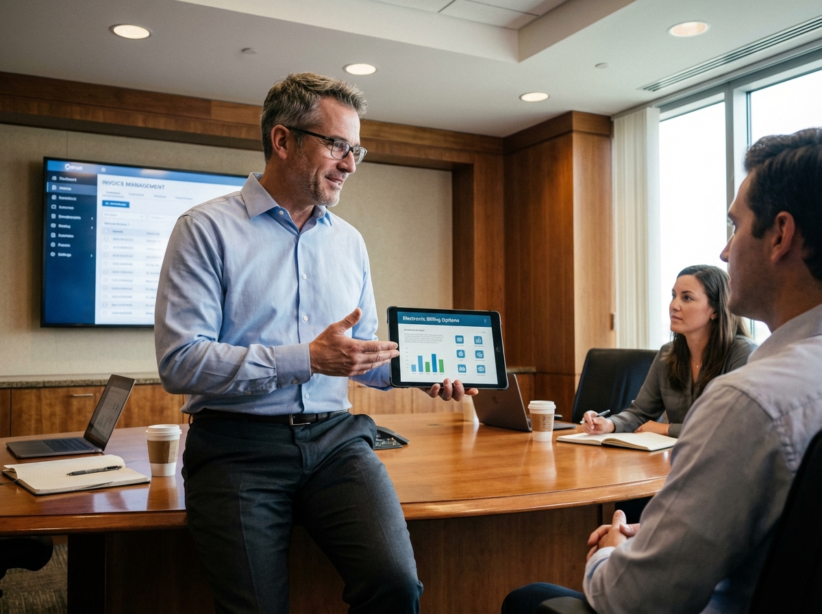 Homme en réunion montrant des options de facturation sur tablette