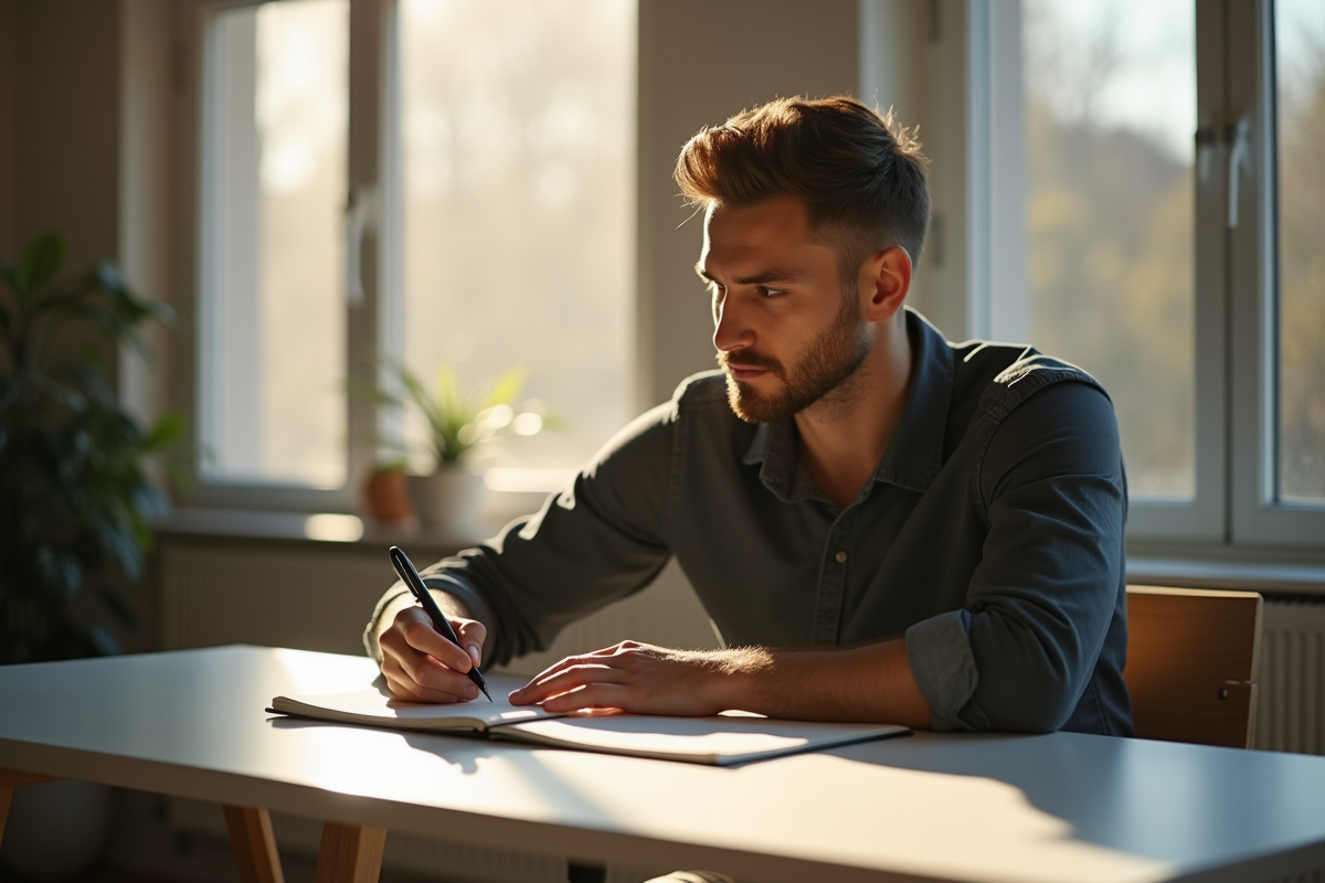 Homme seul écrivant un plan d