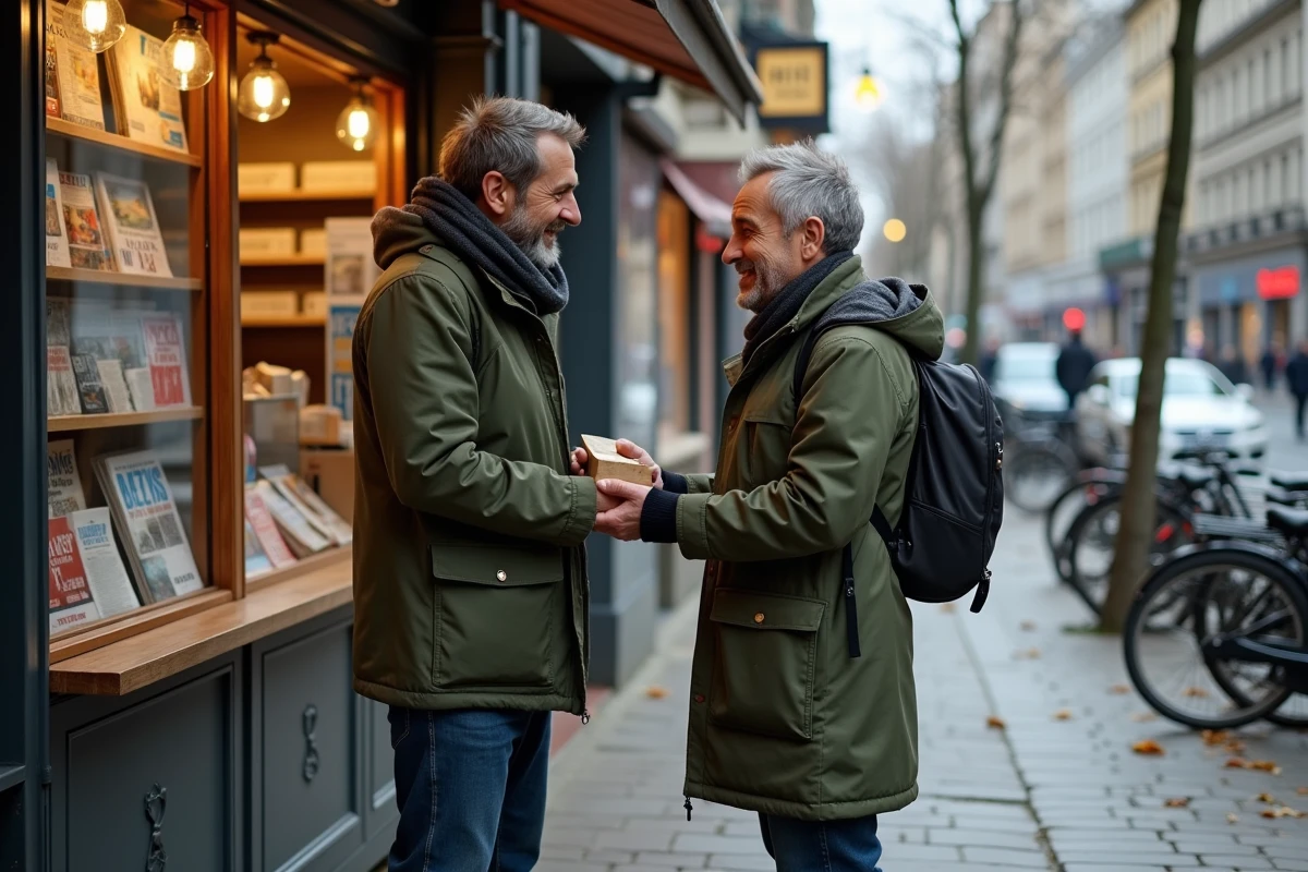 Homme donnant un colis à un commerçant devant un kiosque
