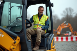 Homme en gilet de sécurité dans la cabine d'une excavatrice