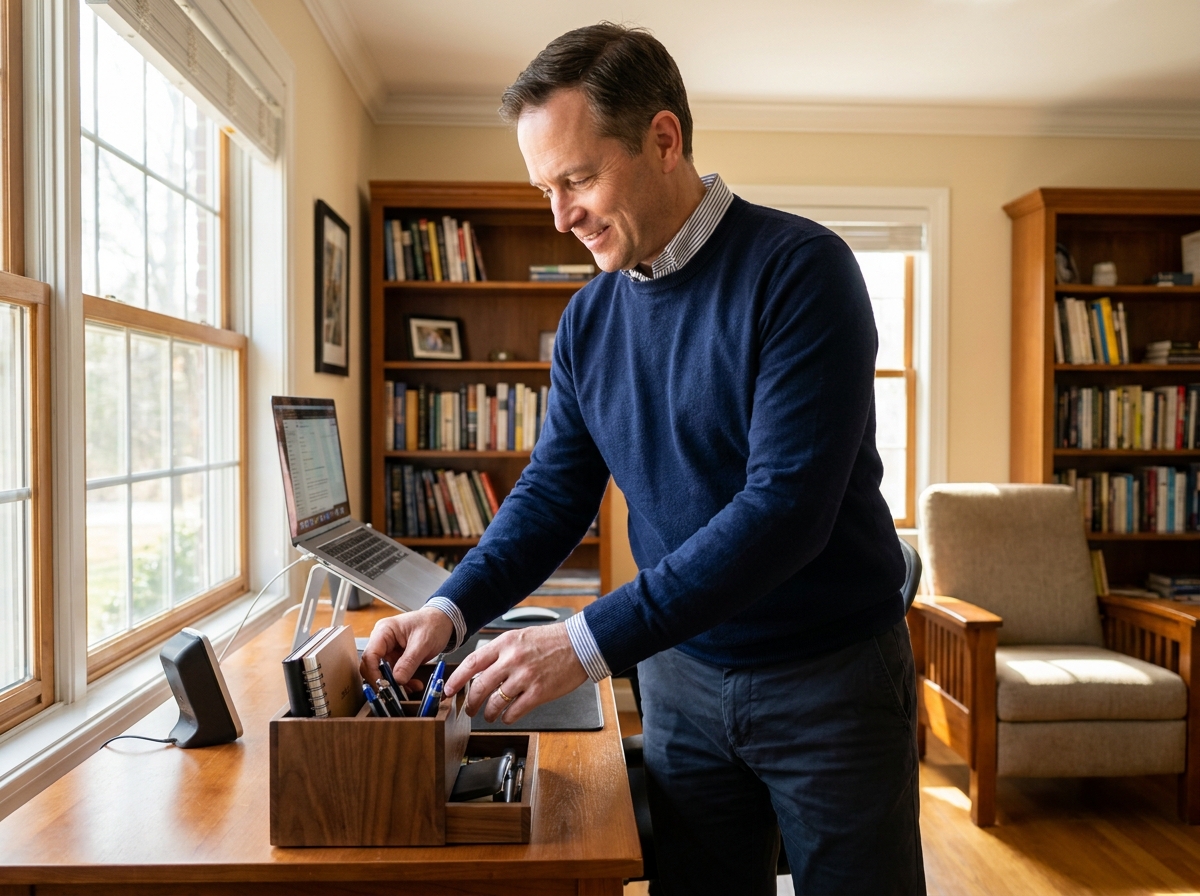 Homme en intérieur arrangeant son bureau à domicile