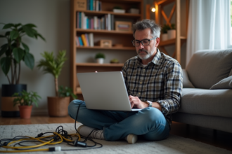 Homme d'âge moyen avec ordinateur et câbles internet en intérieur