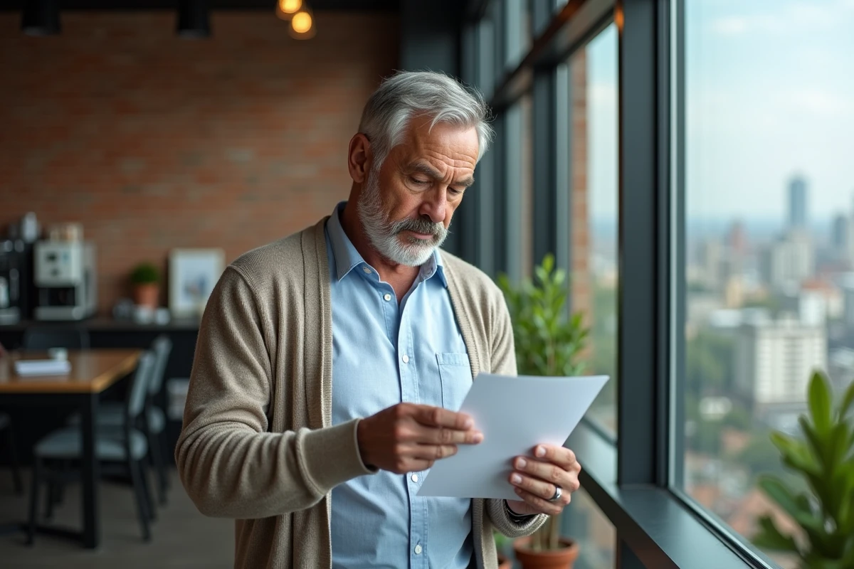 Homme lisant une lettre dans un espace de pause moderne