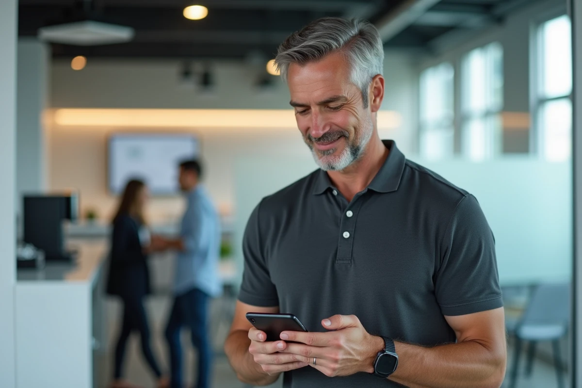Homme en entreprise consultant une notification d'offre CE sur son smartphone dans une salle de pause