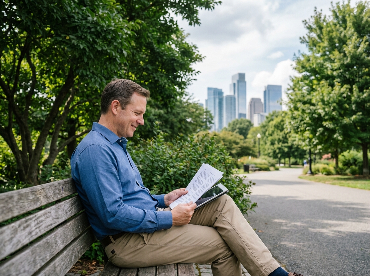 Homme détendu dans un parc avec documents