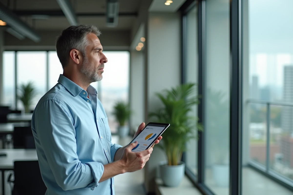 Homme consultant un tableau de bord de planification du temps de travail en 2026 dans un bureau moderne