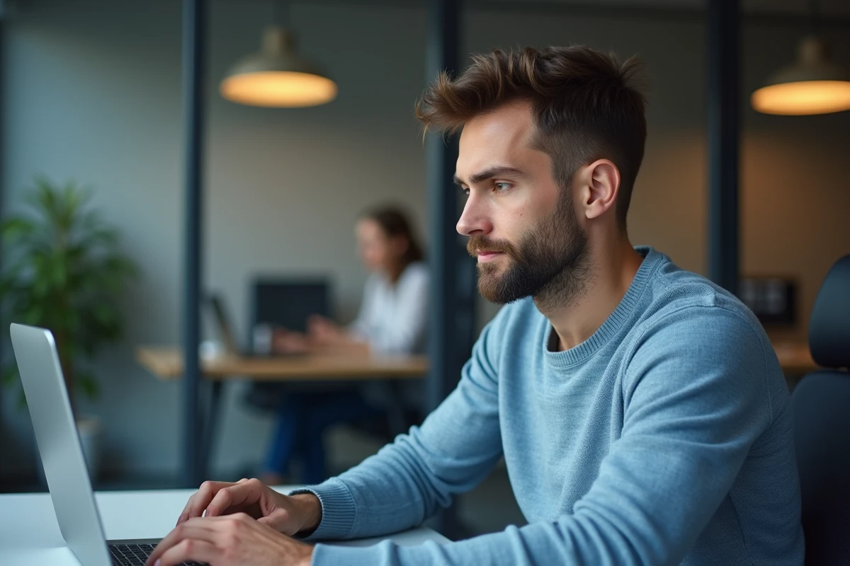 Homme en sweater bleu utilisant un ordinateur au bureau