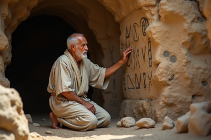 Homme prehistorique face aux symboles gravés dans la grotte
