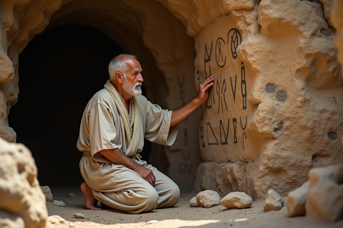 Homme prehistorique face aux symboles gravés dans la grotte