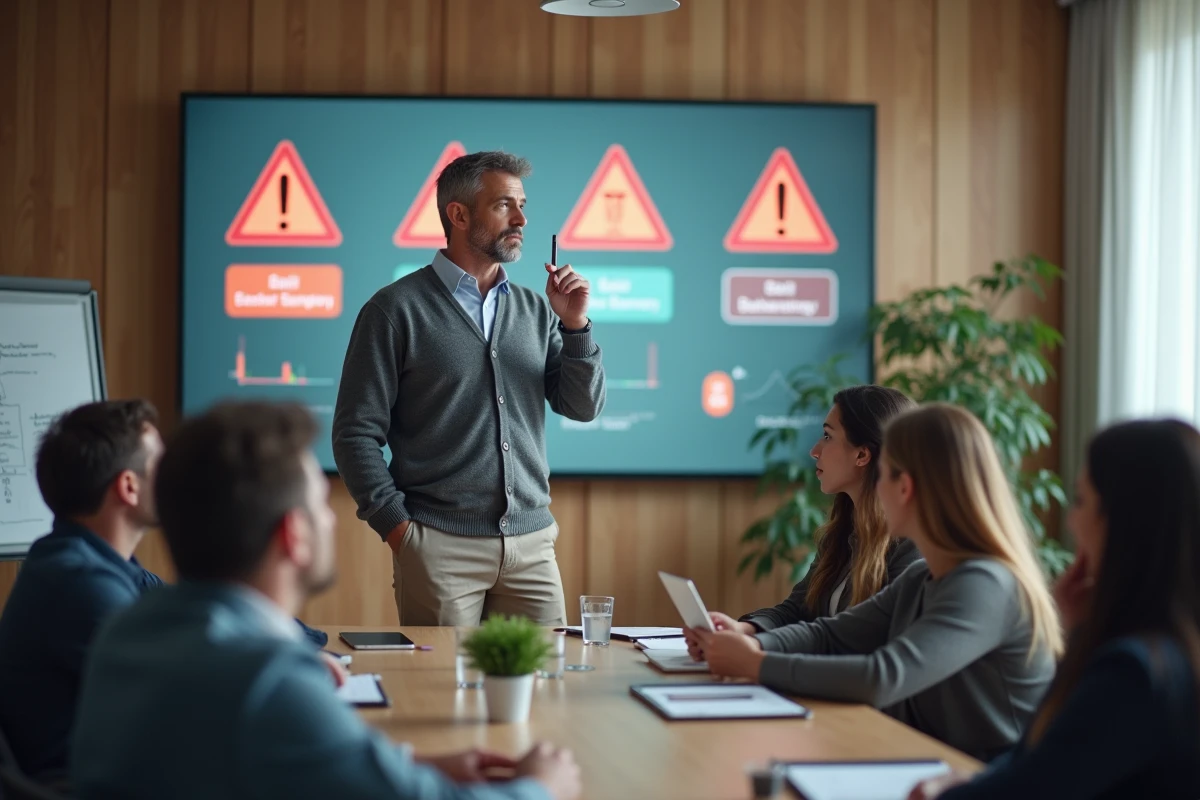 Homme d affaires pointant vers un écran d alerte lors d une réunion