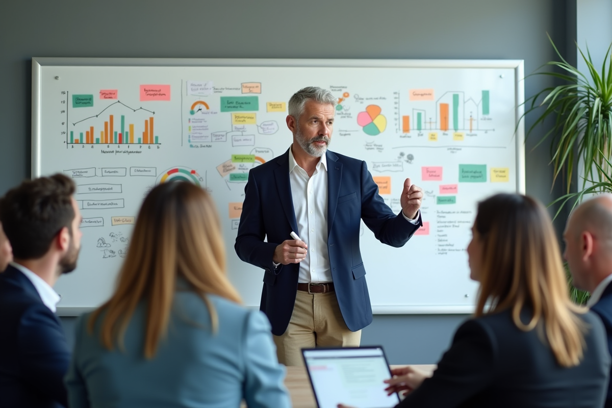 Homme en réunion expliquant des graphiques marketing
