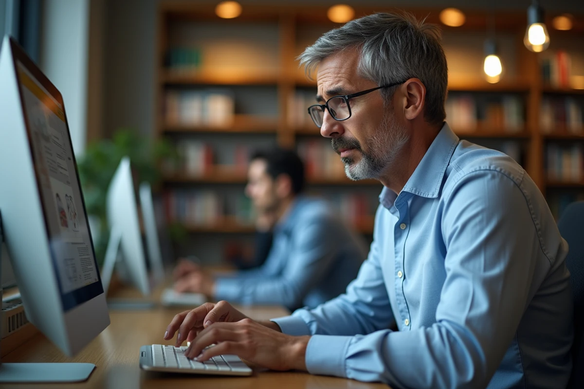 Homme en recherche d emploi dans une bibliothèque publique