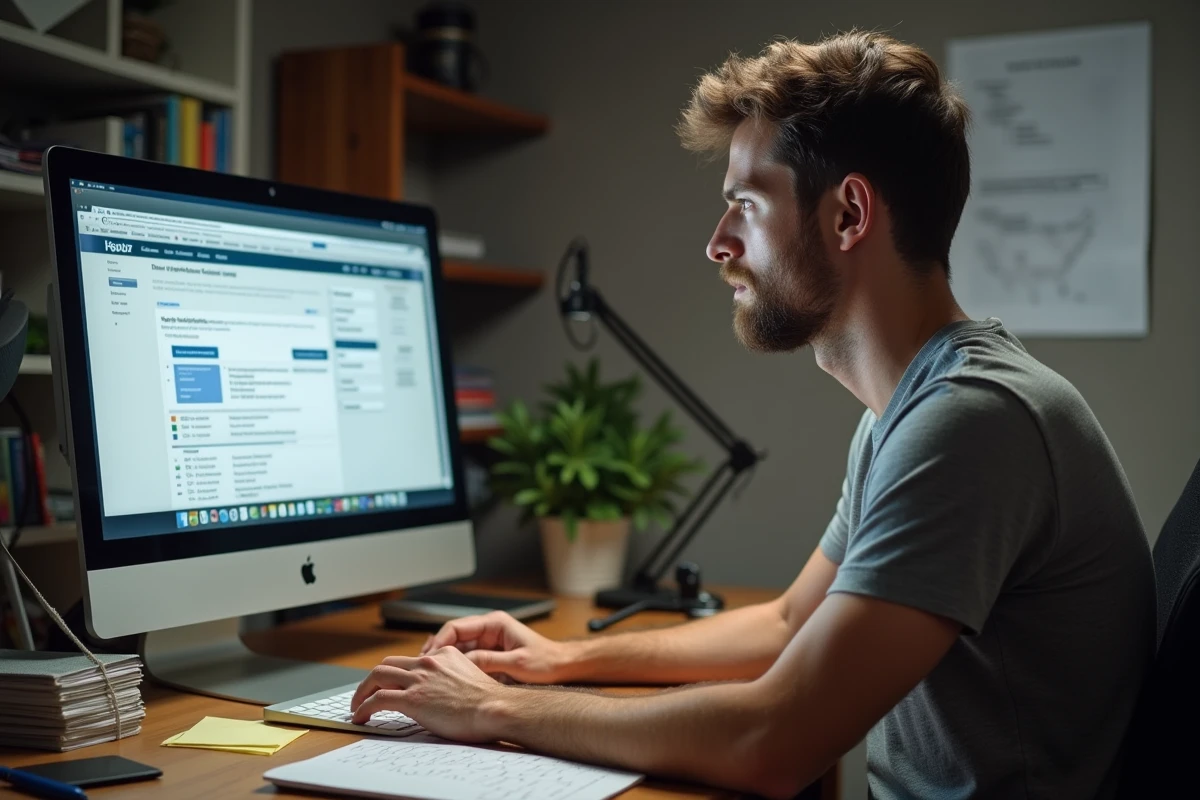 Homme cherchant des offres d'emploi emballage à domicile sur un ordinateur de bureau dans un espace de travail à domicile encombré