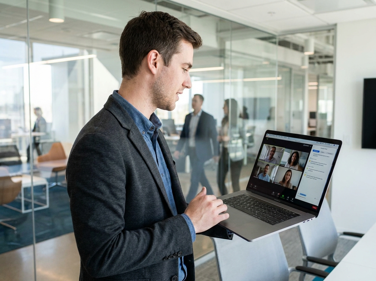 Homme en visioconference dans un bureau professionnel