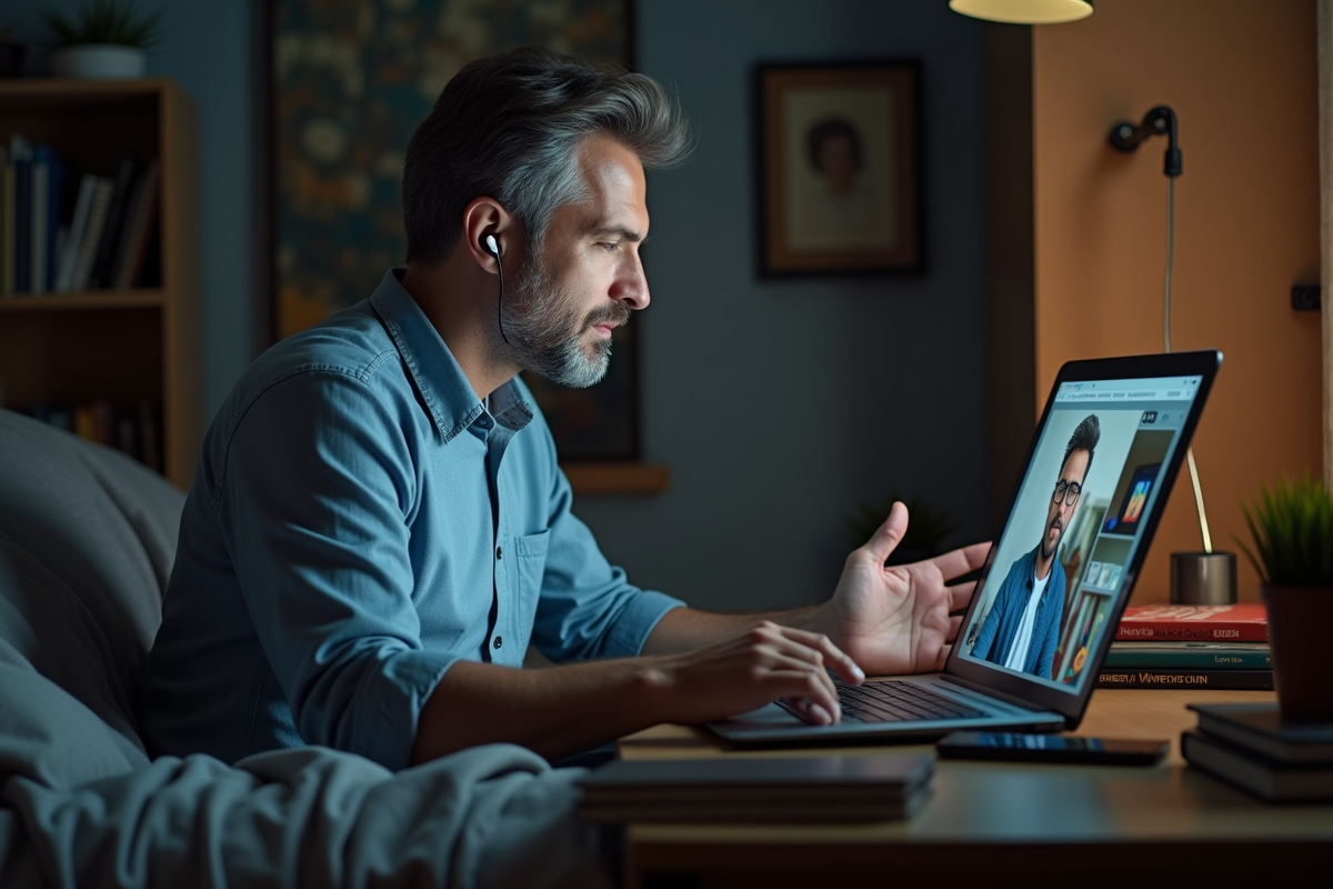 Homme en réunion virtuelle dans une chambre encombrée