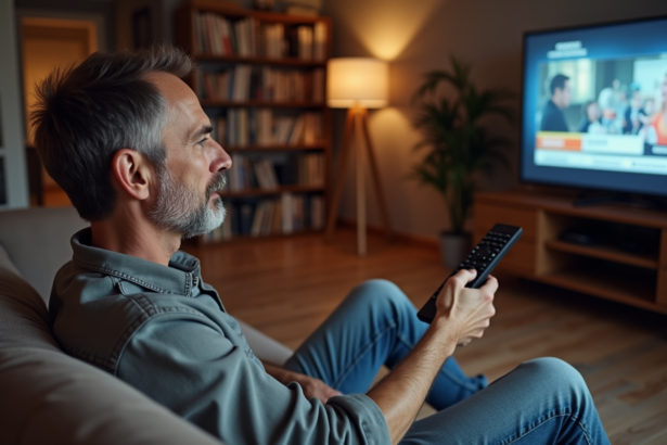 Homme d'âge moyen regardant la télévision dans le salon