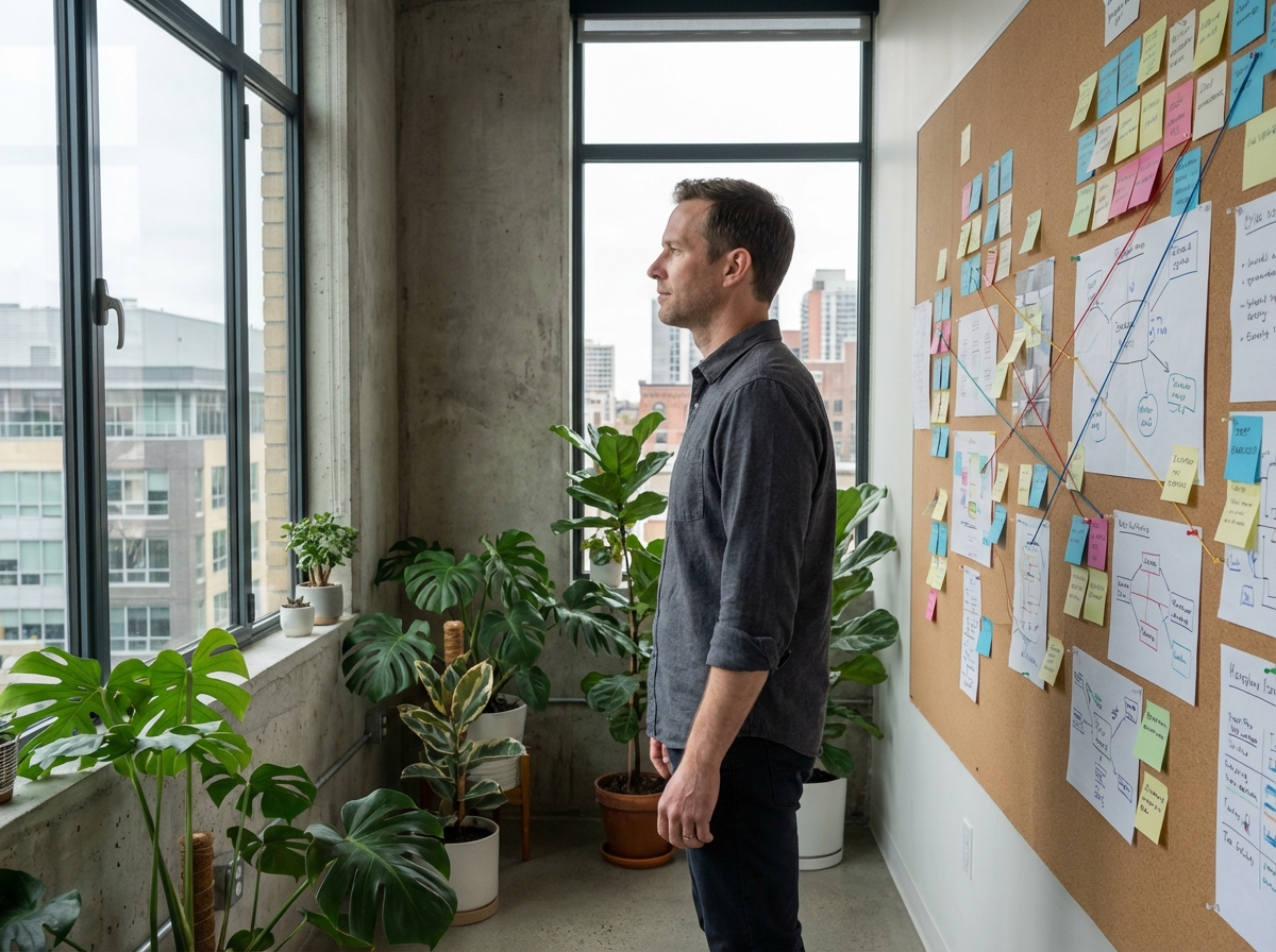 Homme contemplant un mur de notes et cartes mentales