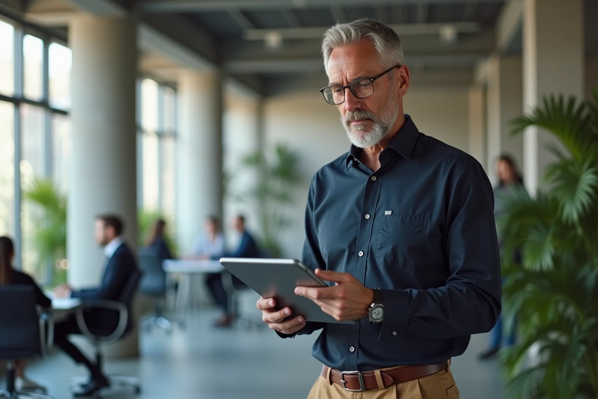 Homme consultant un comparatif de marques affiliées sur une tablette dans un espace de coworking