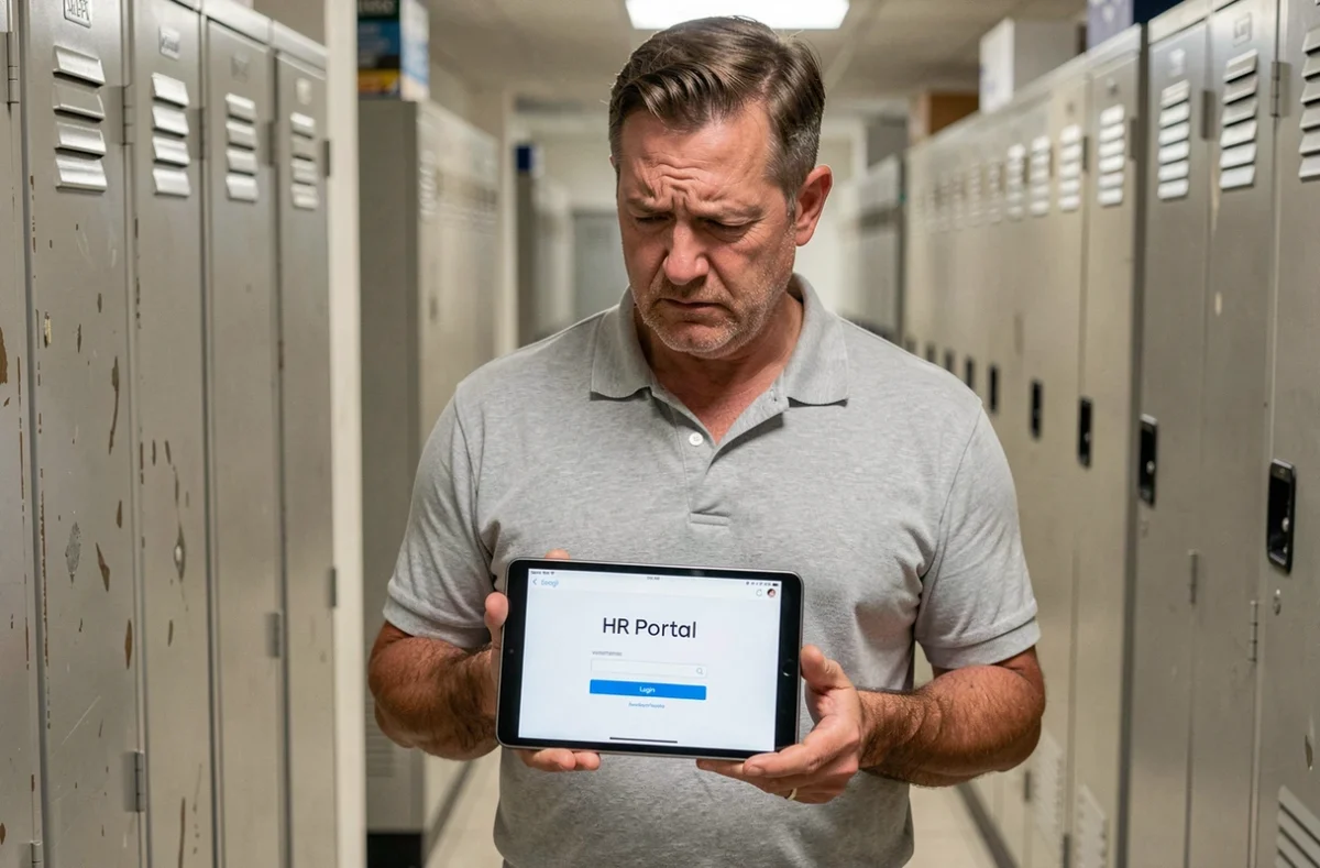 Employé masculin consultant l'application hr4you sur tablette pour retrouver son identifiant Auchan