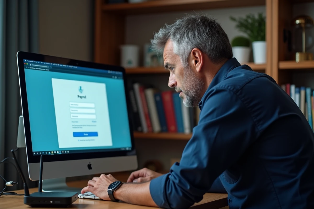 Homme en télétravail résolvant un problème de connexion au logiciel Paie Pilote sur ordinateur de bureau