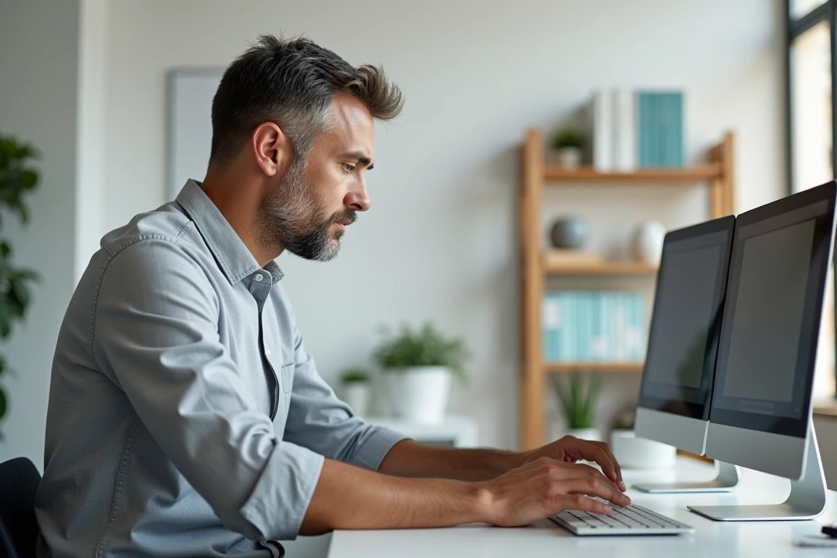 Homme en télétravail rédigeant un email professionnel avec une formule de politesse appropriée sur son bureau à domicile
