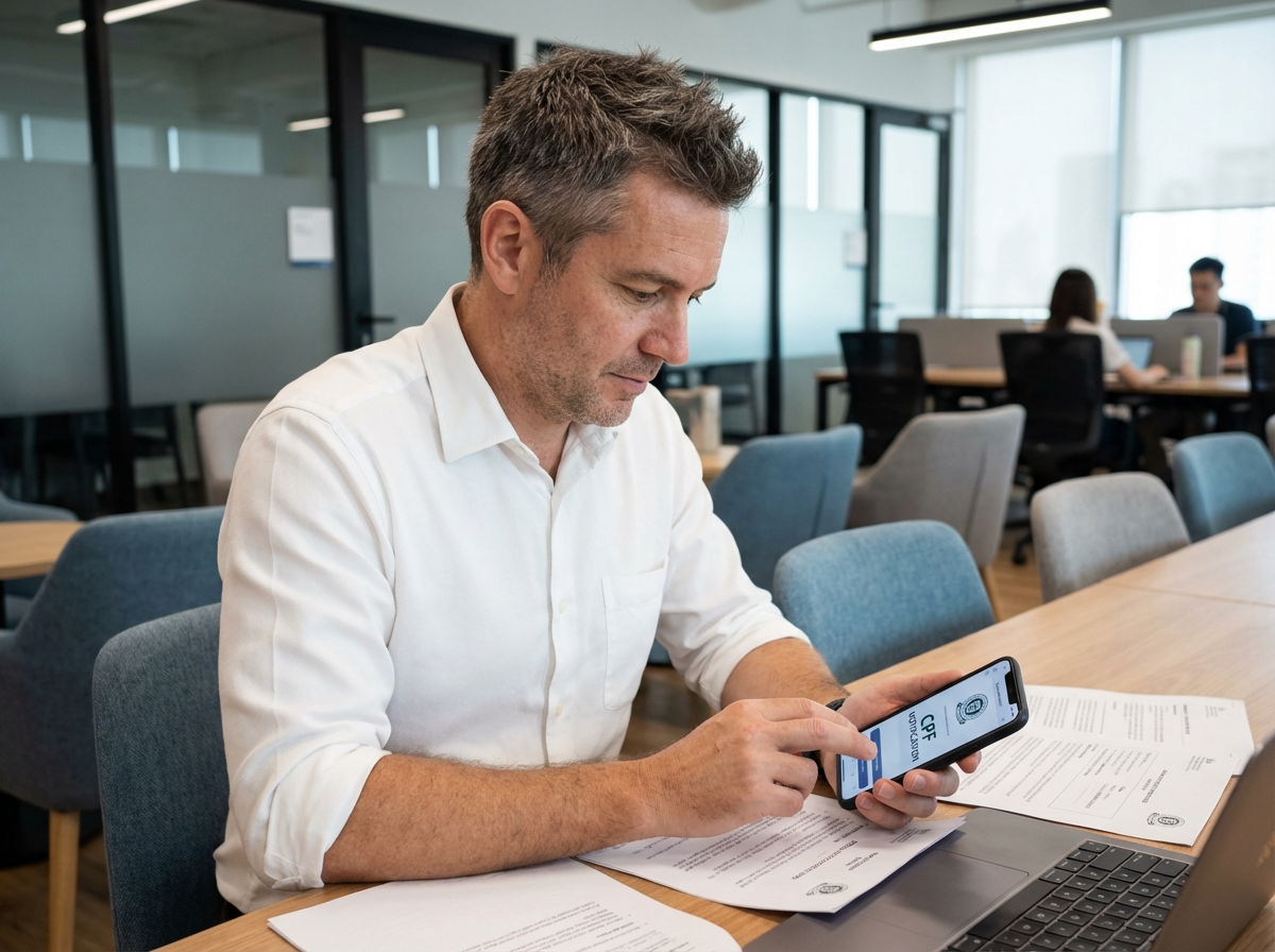 Homme étudiant un message CPF avec documents au bureau