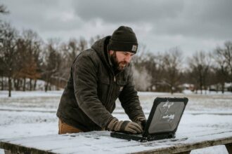 Homme en veste de travail thermique tapant sur un ordinateur portable en extérieur sous la neige en hiver
