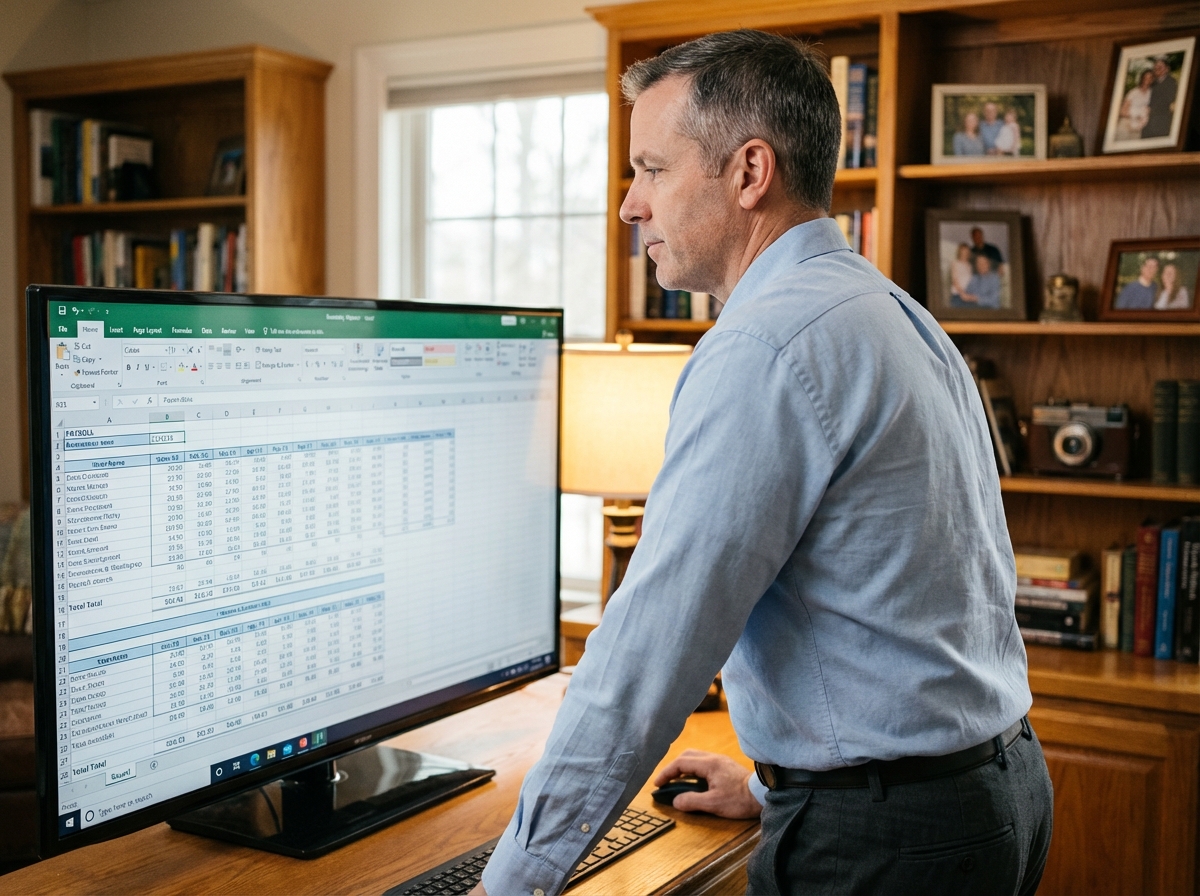 Homme en home office regardant son écran de payroll