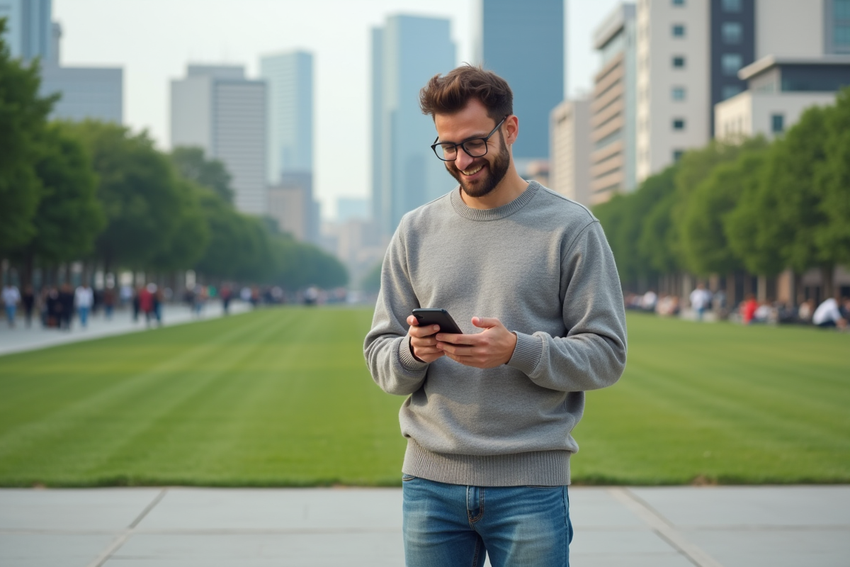 Homme souriant regardant son smartphone en ville