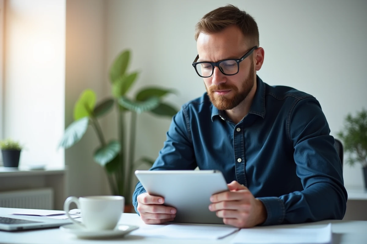 Homme utilisant une tablette dans un bureau lumineux
