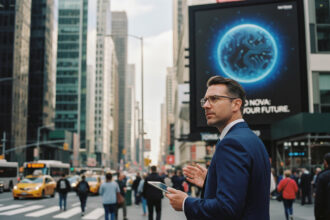 Homme d'affaires regardant une affiche technologique en ville