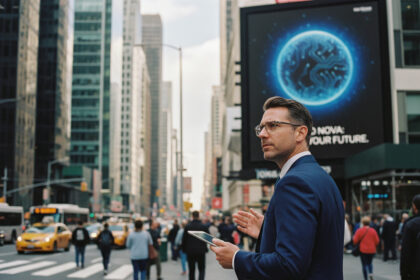 Homme d'affaires regardant une affiche technologique en ville