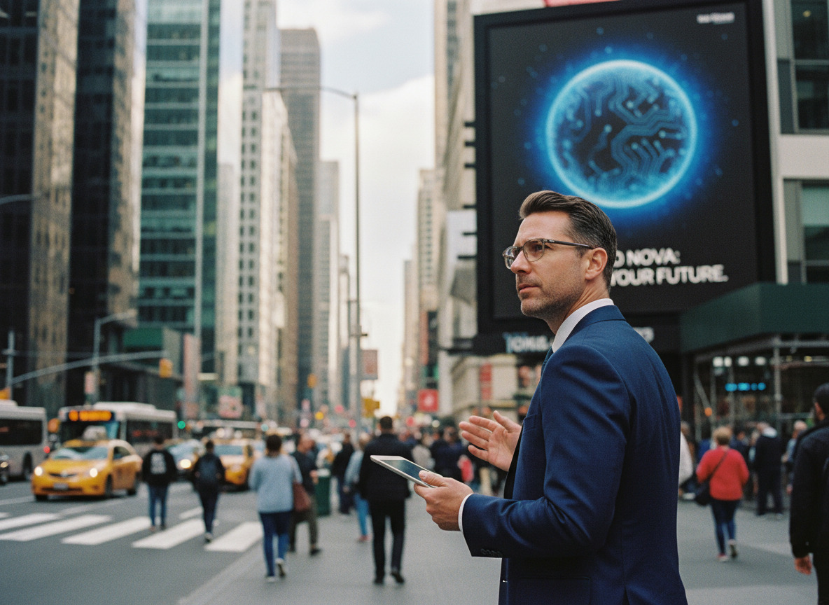 Homme d'affaires regardant une affiche technologique en ville