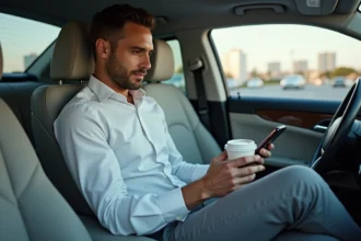 Homme en voiture avec smartphone et café dans un intérieur moderne