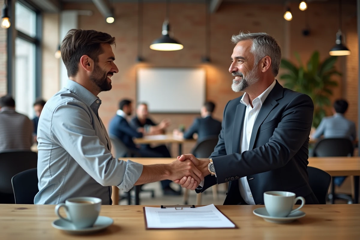 Deux hommes se serrant la main après un accord de sponsoring dans un espace de coworking