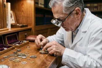 Horloger expert assemblant un mouvement de montre mécanique de luxe dans un atelier artisanal de maison Richemont