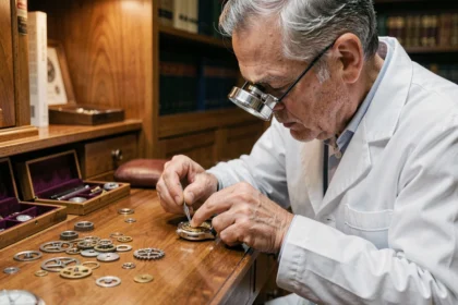 Horloger expert assemblant un mouvement de montre mécanique de luxe dans un atelier artisanal de maison Richemont