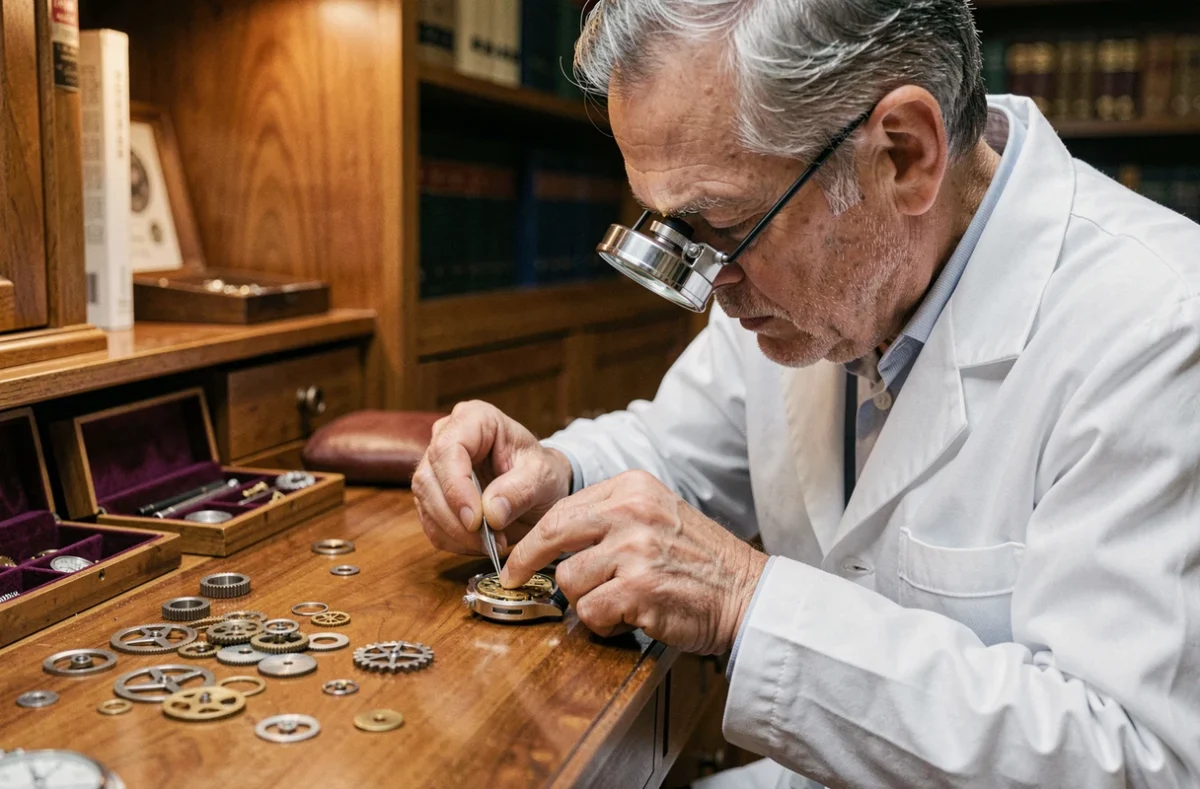 Horloger expert assemblant un mouvement de montre mécanique de luxe dans un atelier artisanal de maison Richemont