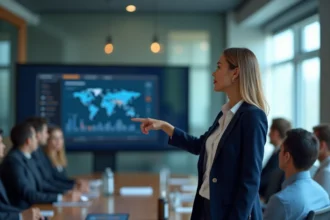Femme cadre présentant des indicateurs économiques territoriaux sur un écran de salle de conférence à des partenaires d'entreprise