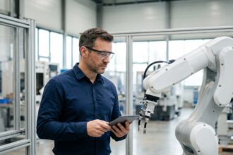 Ingénieur travaillant aux côtés d'un bras robotique industriel dans une usine moderne, illustrant l'intégration de la robotique en entreprise