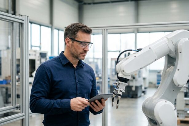 Ingénieur travaillant aux côtés d'un bras robotique industriel dans une usine moderne, illustrant l'intégration de la robotique en entreprise
