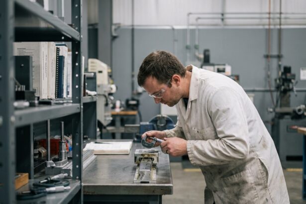 Ingénieur mécanicien inspectant un système de rail linéaire de précision pour détecter des phénomènes de stick slip en laboratoire industriel