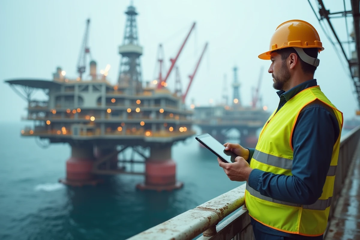 Ingénieur en sécurité observant une plateforme pétrolière en mer
