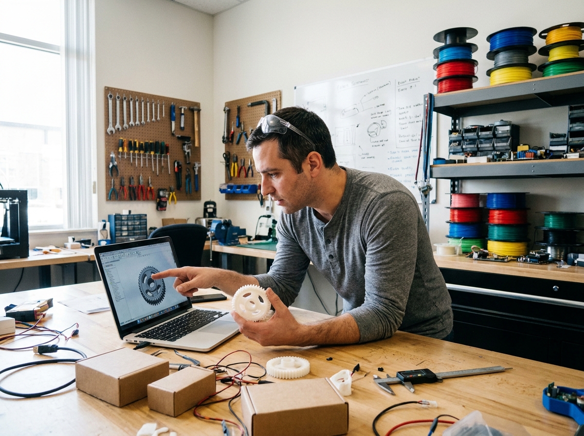Ingénieur comparant un prototype en impression 3D à un rendu numérique dans un laboratoire de développement produit