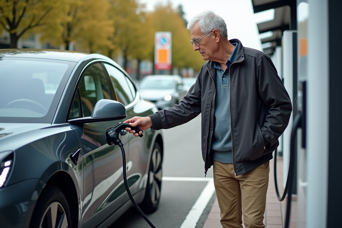 Ingénieur inspectant une voiture électrique à une station de charge extérieure