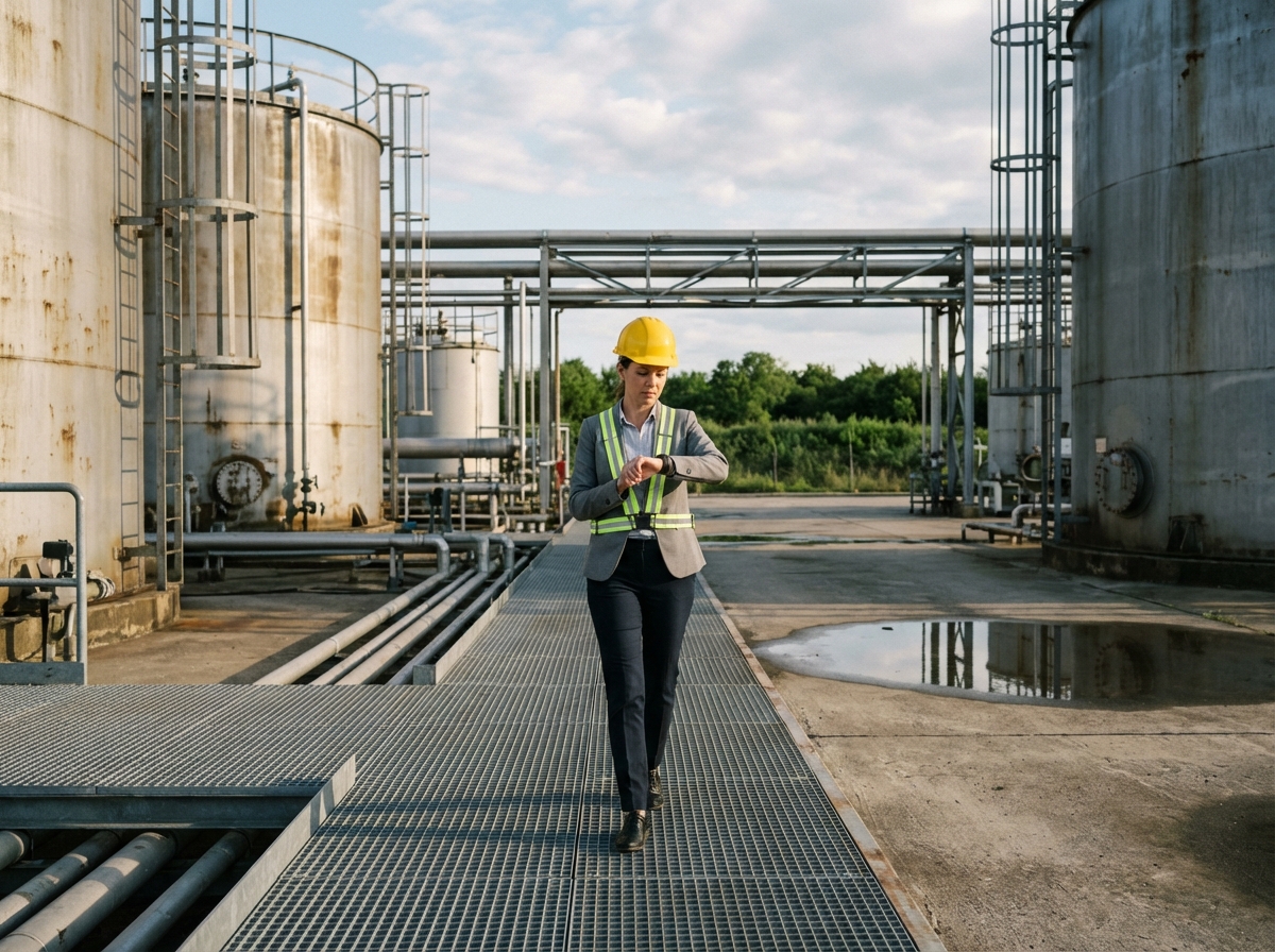 Ingenieure femme surveillant équipements en extérieur industriel