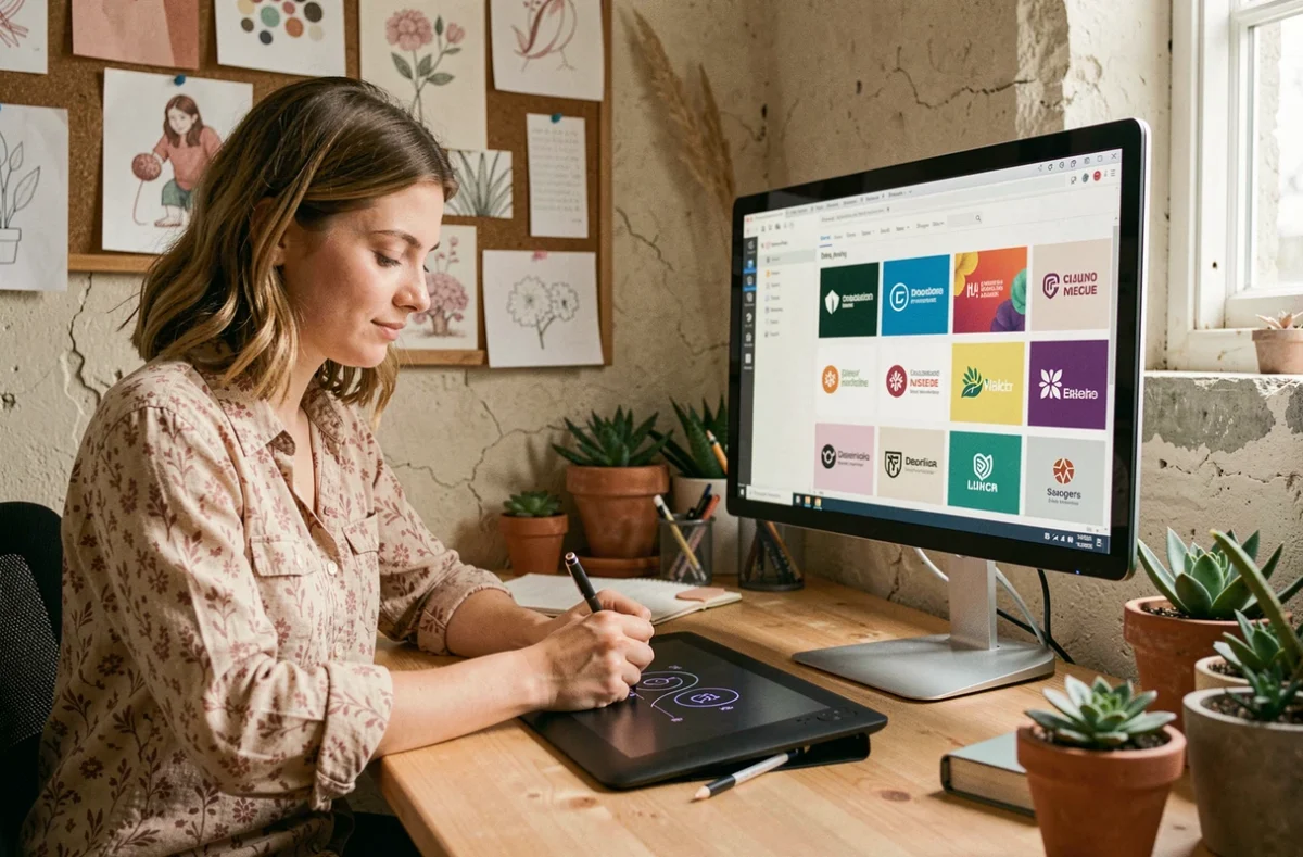 Designer d'Inleven Studio travaillant sur une identité visuelle et un portfolio graphique dans un studio créatif à Angers