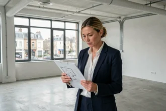 Professionnelle inspectant les plans d'un bureau vide à louer à Clichy avant signature du bail